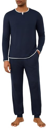Jahetuul Mens Pyjamas Set Long Sleeve Crew Neck Top & Cuffed Pants With Pockets Soft Cotton Loungewear Sets for Home Casual Dark Blue