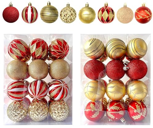 24 adornos de bolas de Navidad, inastillables, diamantes rojos y dorados de 6 cm, bolas colgantes para árbol de Navidad, decoración festiva de árbol de Navidad para decoración de fiestas de vacaciones
