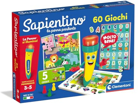 Clementoni Sapientino - La Penna Parlante 60 Giochi, Gioco Educativo con Puzzle e Schede Illustrate per Imparare Alfabeto, Numeri e Logica, Made in Italy, Lingua Italiana, Bambini 3-5 Anni, 16494