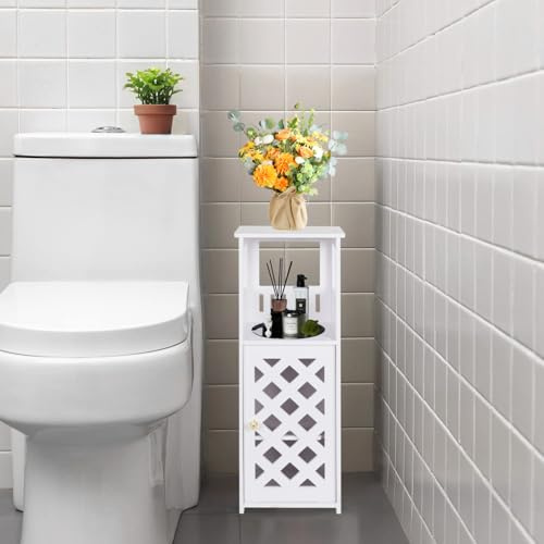 powerking Kleiner weißer Badezimmer-Aufbewahrungsschrank, 3-stufiger freistehender Organizer mit Türen, wasserdichter Aufbewahrungsboden-Schrank für Schlafzimmer, WC, Wohnzimmer, Büro