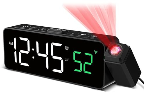 Netzu Projection Alarm Clock for Bedroom Ceiling, Small Compact Plug-in Digital Clocks with 180° Rotatable Projector, Temperature 4 Levels Birghtness, 3 Volumes and Snooze (Black)