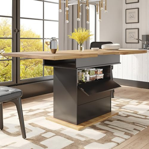 Lahoomu Esstisch Teleskoptisch(110-140×80cm), Klappbarer Küchentisch für 4-6 Personen, Ausziehbarer, Platzsparender für Küche und Wohnzimmer, Esstisch mit DREI Ablageebenen, Schwarz