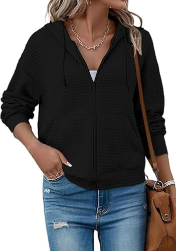 EIRUKON Sudadera Mujer Cremallera con Capucha Manga Larga Sudaderas Oversize Hoodie Gofre Chaqueta Sweatshirt para Otoño Primavera Casual Ropa Outerwear,Negro,S