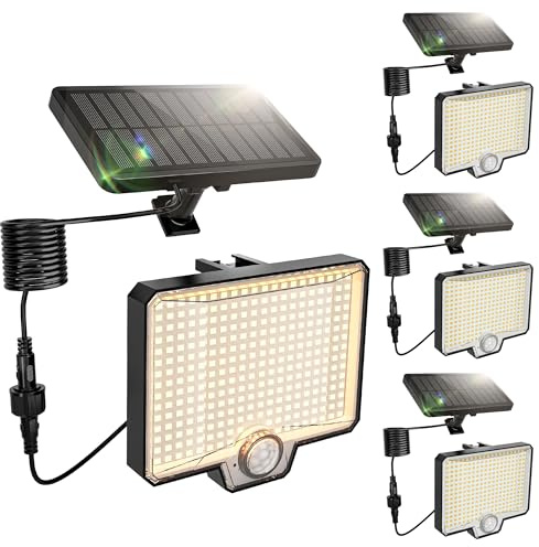Solar Flood Lights Outdoor, 294 LED Motion Sensor Outdoor Lights, IP67 Waterproof Solar Flood Light for Outside, 3000LM Angle Adjustable Security Spot Lights for Porch Patio Yard Garage, 4 Pack 4000K