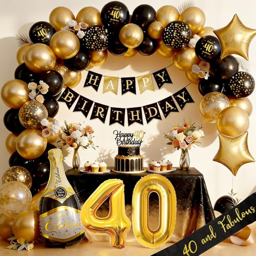 Deko 40 Geburtstag Mann Frauen, Geburtstagsdeko 40, Schwarz Gold Deko mit Happy Birthday Girlande, Luftballon 40 Männer Geburtstag Dekorationen