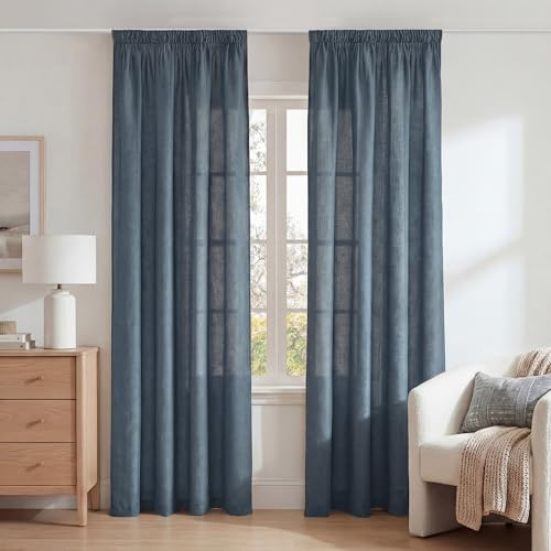 PONY DANCE Cortinas Salon Modernas 2 Piezas,Semi-Translucida de Lino | 140x245cm(AnxAl),Azul,Visillos Dormitorio,Transpirable y Filtrado de Luz, Estilo Rustico,Puerta Divisora con Fruncidas