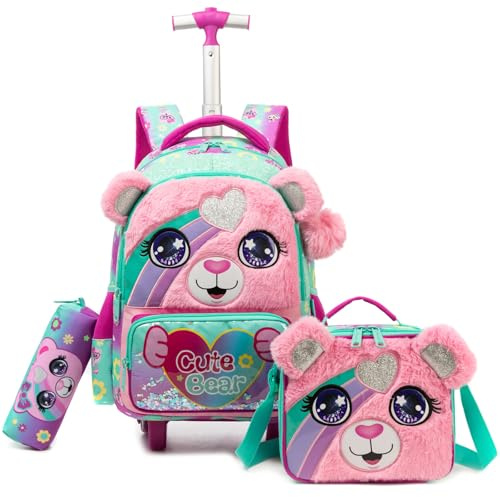 Egchescebo Kinder Rucksack mit Rollen für Mädchen die Schule Tier Plüschmaterial Bär Koffer Schultrolley Komplett mit Lunchbag Federmäppchen Set Geeignet Grundschüler Jugendliche 8-12 Jahre Alt Rosa