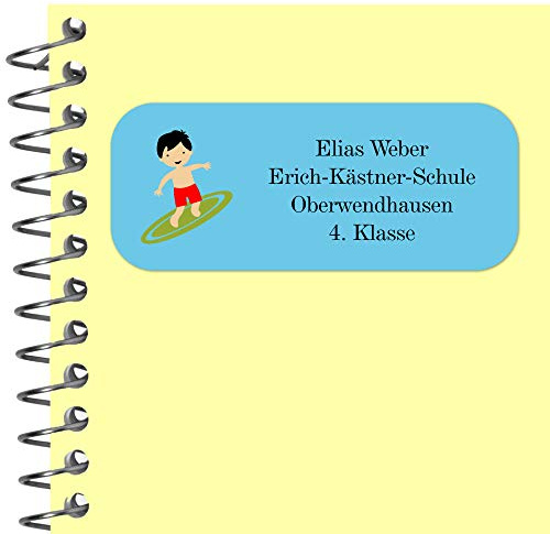 INDIGOS UG Namensaufkleber Kinder Schule - 56x23 mm - Adressetiketten selbstklebend - 106 - Junge surft - 99 Sticker Adressaufkleber personalisiert - Ordner, Bücher, Hefte, Briefumschläge