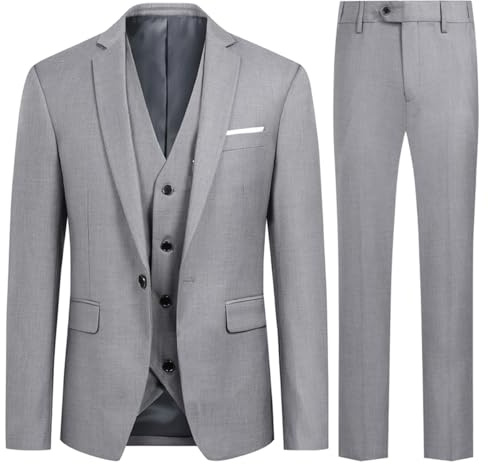 Allthemen Anzug Herren Slim Fit 3 Teilig Anzüge Modern Herrenanzug 3-Teilig Sakko Hose Weste für Business Hochzeit Hellgrau XXL
