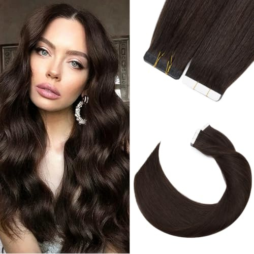 Silk-co Tape in Extensions Echthaar 20stk, leicht Version Tape Extensions Echthaar, Remy Haarextensions Tape in Haarverlängerung Kleber Skin Weft 30g 02# Dunkelbraun 40cm