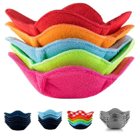 SHILA Bowl Snuggies, Multicolor Set of 5 Microwave-Safe Hot Bowl Holders to Keep Your Hands Cool and Your Food Warm, Polyester & Sponge Heat Resistant Dish Pads for Soup, Rice and Pasta