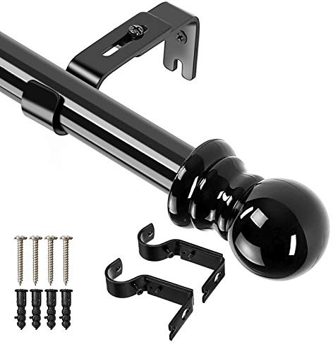 Gardinenstange Ausziehbar mit rundem Endstück&Halterung,1-Lauf Edelstahl Metall Gardinenstange für Wohnzimmer Kinderzimmer Schlafzimmer,Schwarz 76-221cm
