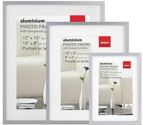 SENSIOHOME 3 Pack Photo Frame Aluminium Metal Silver Various Sizes Tempered Safety Glass Premium Quality (3 Pack, Silver)