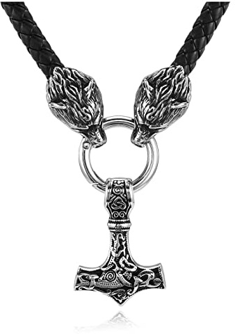 PiercingJak Men Norse Viking Thor's Hammer Necklace Stainless Steel Vintage Nordic Viking Mjolnir Amulet Pendant with Black Genuine Leather Celtic Pagan Symbol Jewelry