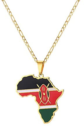 Hip Hop Afrika Karte Anhänger Halsketten - Retro Ethnic Maps Flag Charm Anhänger Halskette Für Frauen Männer Schlüsselbeinkette Pullover Dünne Kette Schmuck Party Geschenk,Kenia Gelb,50Cm