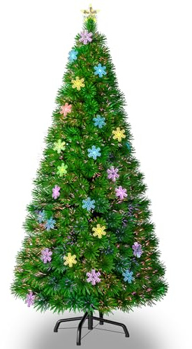 YRHome 240cm Künstlicher Weihnachtsbaum mit Beleuchtung PVC Tannenbaum LED Schneeflocken Glasfaser Farbwechsel Grün Baum Metallständer Dekobaum Kunstbaum Weihnachten mit Metallständer