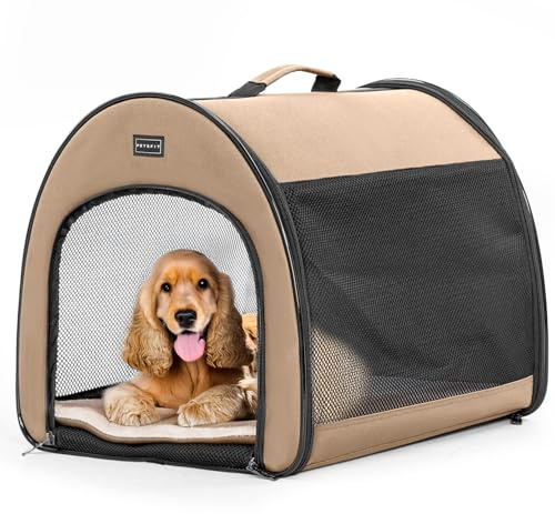 Petsfit Hundebox faltbar, tragbare & Atmungsaktive Hundebox für Zuhause mit Gewölbtem Design, Zimmerkennel Hund Hundeschlafbox mit Anti-Offener Reißverschluss und Plüschkissen,M, Khaki