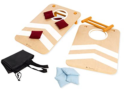 PINOLINO Bennet Cornhole - Wurfspiel mit 8 Corn Hole Säcken, 2 Zielbretter, 2 Stützen & 1 Beutel - Outdoor Spiele - Strandspiel - Kinder- und Erwachsenenspiel AUD Massivholz klat & bunt lackiert