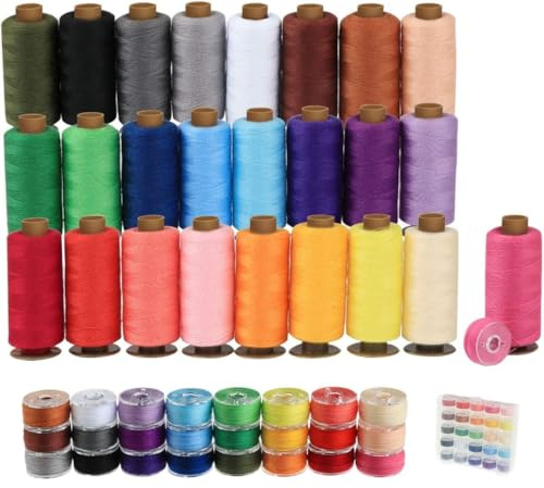 Agoer 50Pcs Sewing Thread Bobbin Kit, 25 Colors 400 Yards Sewing Machine Thread with Prewound Bobbins, Polyester Threads for Brother Singer Janome Machine Home Hand Crafting