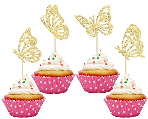 Gyufise 36Pcs Butterfly Cupcake Toppers Gold Glitter Assembled Flying Butterfly Cake Topper Decorations for Wedding Engagement Bridal Shower Kids Birthday Party Cake Decorations