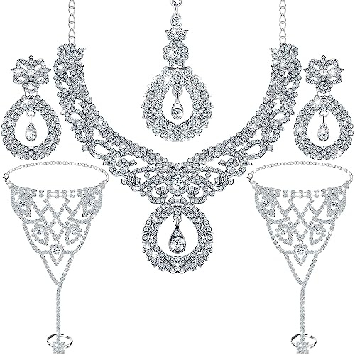 Sureio Indian Jewelry Sets for Women Bollywood Wedding Jewelry Set Choker Necklace Maang Tikka Earrings Rhinestone Bracelet(Silver)