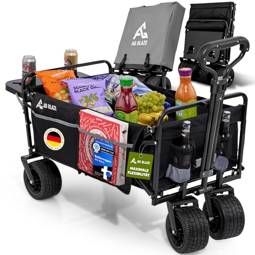 AG Blaze Bollerwagen mit klappbaren Tisch & Regenschutz [MULTIFUNKTIONAL] ideal zum Wandern - Handwagen mit Bremsen - klappbarer Bollerwagen faltbar mit Dach Faltbarer Bollerwagen Kinder