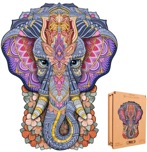Lubiwood Verspielters Tierform-Holzpuzzle (29x21 cm) - Fördert Beobachtungsfähigkeiten und Zufriedenheit - kommt mit Holzgeschenkbox - (Mystischer Elefant, Medium (A4))