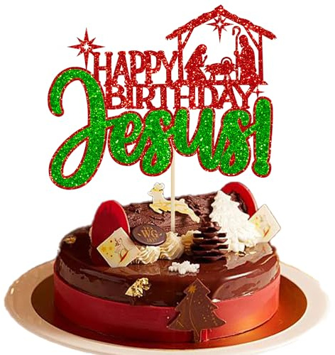 Gyufise 1Pcs Happy Birthday Jesus Cake Topper Glitter Jesus Birthday Cake Decorations Jesus is Reason for the Season for Nativity Scene Christmas Birthday Party Decorations Green and Red