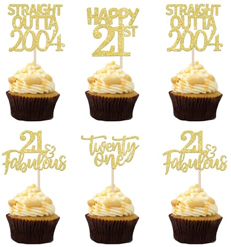 SYKYCTCY 24 Pack Straight Outta 2004 Cupcake Toppers Happy 21st Birthday Twenty-one Awesome Since 2004 Cupcake Picks 21 Fabulous Cake Decorations for 21st Birthday Anniversary Party Gold