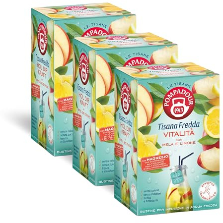 Pompadour, Tisana Fredda Vitalità, 54 Filtri (3 Confezioni da 18 Filtri), con Mela e Limone, Energizzante e Dissetante, Senza Lattosio, Glutine e Allergeni