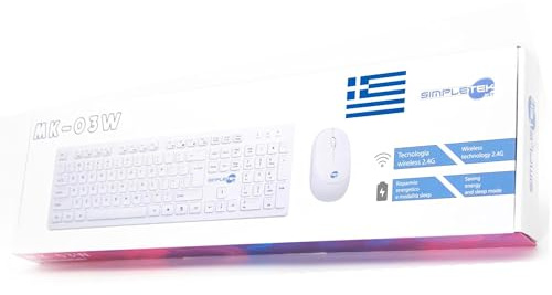 Simpletek - Kit Mouse & Tastiera Wireless 2.4G Layout GR Greco | Greek Keyboard QWERTY con Tastierino Numerico Mouse Ergonomico 3 Tasti Ricevitore USB