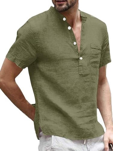 Runcati Camisa de lino para hombre, camisa Henley, camisa de manga corta, camisa de ocio, camisa de verano, camisas de negocios para hombres