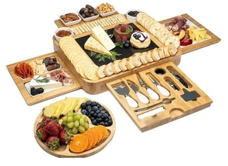 MNBVH Tabla De Queso De Bambú Y Juego De Cuchillos, Plato De Queso, Tabla De Charcutería Grande para Boda, Bandeja De Comida para Fiesta, Inauguración De La Casa única