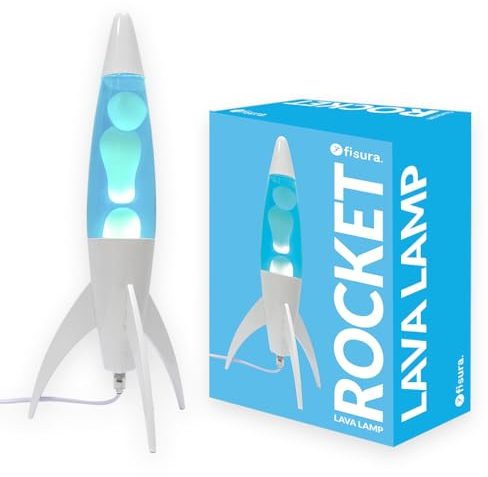 Fisura - Lámpara de lava azul “rocket”. Base blanca, líquido azul y lava blanca. Lámpara de lava retro con bombilla de repuesto. 20 cm x 20 cm x 45 cm.