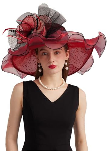 Damen-Hut mit breiter Krempe, Netzstoff, Perlen, Feder, Blume, Hochzeit, Braut, Fedora, weinrot, M 56 to 58cm