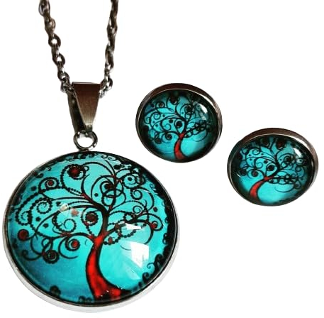Generisch Lebensbaum türkis rot Edelstahl Schmuckset Cabochon Ohrstecker ODER Ohrclips und Halskette mit Anhänger (mit Ohrclips)