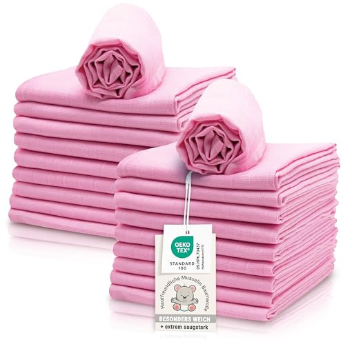 ZOLLNER 20er Set Musselin Spucktücher in 70x70 cm aus Baumwolle - hautfreundliche Mulltücher - besonders weich und extrem saugstark - waschbar bis 60°C - in rosa