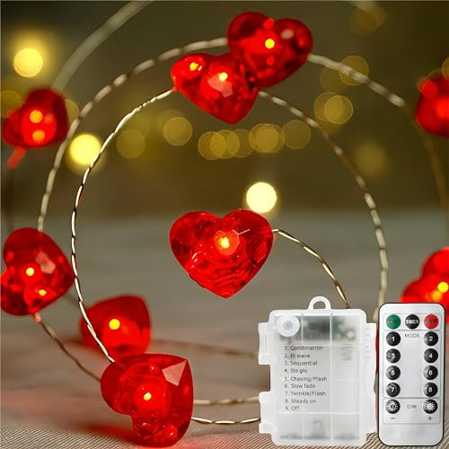 300 cm Corazón Rojo Cadena de Luces LED, Luces de Hadas con 30 Lámparas, Corazón Luces de Hadas, Guirnalda de Luces Corazón a Pilas, Red Love Heart Light Chain con 8 Modos para San Valentín/Navidad