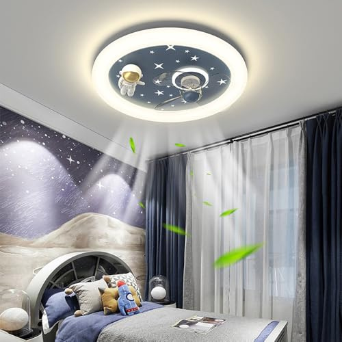JIANTLAIUS Cartoon Astronaut Kid's Room Ceiling Fans with Lights Children's Room Led Ceiling Lamp Creative Nursery Bedroom Ceiling Fan Lamp Dimmable for Boys Girls Room Ventilator Lamp 46W