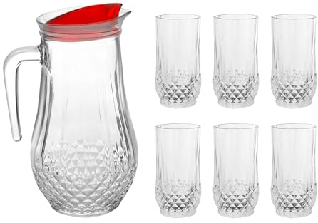 Reldor 7 Piece 1.5L Drinking Glassware Set Crystal Effect Tumblers Glasses and Jug Set Crystal Effect Highball Water Juice Glasses Tumblers Pitcher Jug with Lid