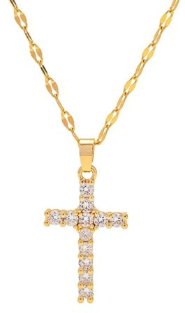 DJADEE Damen Kette mit Kreuz Anhänger Gold 750 vergoldet Edelstahl 18 Karat Zirkonia Hypoallergen Wasserfest, Geschenk UVP: 29€