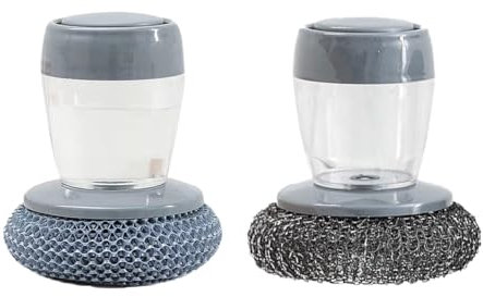 SanKristo Spazzola per Piatti che Eroga Sapone 2 Confezioni, Pennello Pulizia Cucina con Manico, Spazzola Sfera in Filo D'acciaio Macchie Ostinate Spazzola Sfera in PET Senza Danni Pentole e Padelle