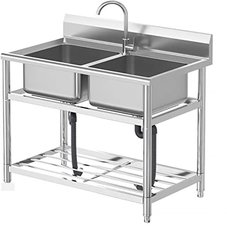 WWERTYY Fregadero de Uso General, Fregadero de Dos Senos, Fregadero Independiente de Acero Inoxidable con Grifo y estantes de Almacenamiento con Unidad de escurridor para Garaje al Aire li