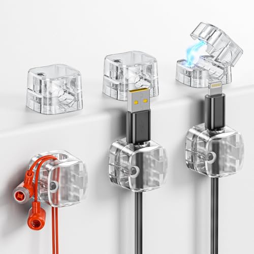 GlasFlength Organizador Cables Magnético 6 Piezas, Clips de Cables Ajustable Clip Autoadhesivos para Cables de HDMI USB Soporte Magnética para Escritorio Hogar Oficina (Transparente)