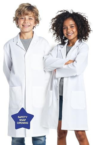 Hugabug Blouse de laboratoire pour enfants, garçons & filles, unisexe, poches poitrine & hanches, boutons-pression dissimulés (10-12 ans)