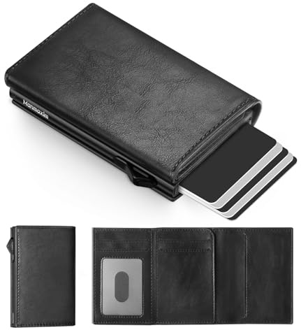 Portmonee Herren mit RFID Schutz, Pop-up Card Holder Wallet für 10+ Karten & 1 ID Fenter, Geldbörse Herren Ohne Münzfach, Karten Geldbeutel Heren Slim Wallet (Glänzendes Schwarz, Ohne Münzfach)
