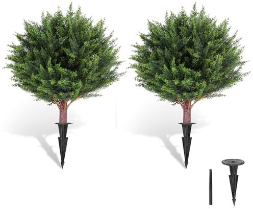 LadyRosian Artificial Cypress Topiary Tree, 25 Inch 2 Set Outdoor Faux Cypress Bush Plants,Indoor Ball Trees with Ground Spike, Fake Potted for Home Front Porch Decor Outside Garden