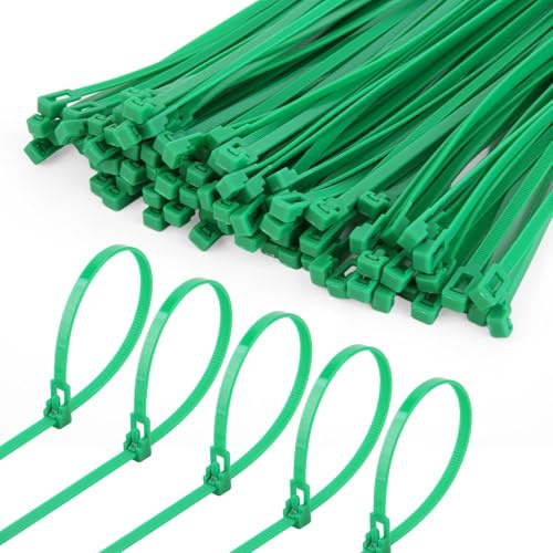100 Pack Reusable Cable Ties 200mm x 4.8mm, 8 Releasable Zip Ties Green, 50lbs Heavy Duty Premium Tie Wraps UV-Ristant, Strong Nylon Plastics Ties for Garden, Home, Office, Workshop, Indoor, Outdoor