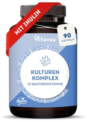 Kulturen-Komplex – 20 Bakterienstämme + Inulin – 20 Mrd. KBE pro Tagesdosis | Mit Lactobacillus & Bifidobakterien - Magensaftresistent & Vegan - 90 Kapseln – Laborgeprüft, Ohne Zusatzstoffe – Vitavea
