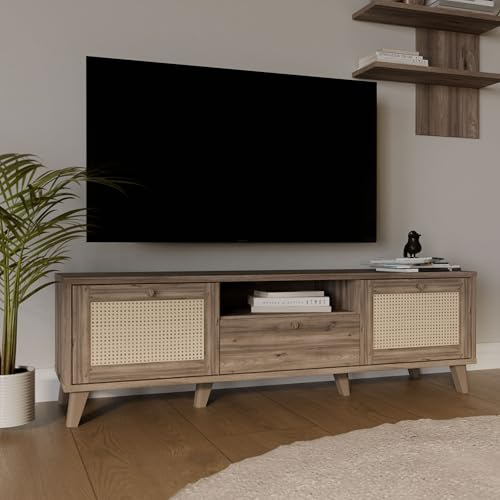 Forte GLENKEEN TV-Schrank 160, Lowboard im Boho-Stil mit Rattangeflecht, 2-türig, 1 Schublade, Holzwerkstoff, Valencia Eiche Holzdekor|Naturrattan, 159,2 cm breit x 48,8 cm hoch x 42 cm tief
